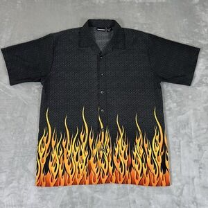 ODO Shirt Mens Large Black Flame Print Short Sleeve Button Up Casual Camp